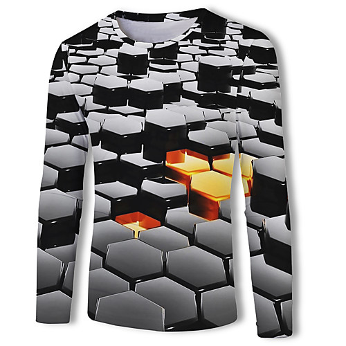 

Men's Geometric Color Block Print T-shirt Basic Street chic Casual / Daily Round Neck Black / Long Sleeve