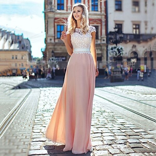 

Women's Chiffon Dress Maxi long Dress Blushing Pink Short Sleeve Dusty Rose Color Block Backless Lace Spring & Summer Round Neck Hot Boho 2021 S M L XL