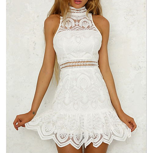 

Women's Sheath Dress Short Mini Dress White Sleeveless Crew Neck Party Slim Lace S M L XL / High Waist / Sexy