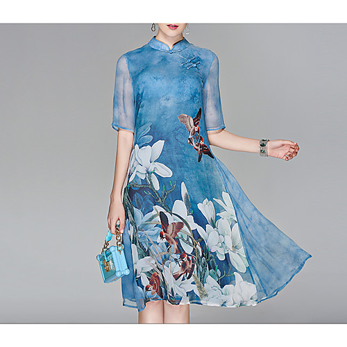 

Women's Knee Length Dress Chiffon - Half Sleeve Floral Print Summer Stand Chinese Style Going out Floral Purple Light Blue L XL XXL XXXL