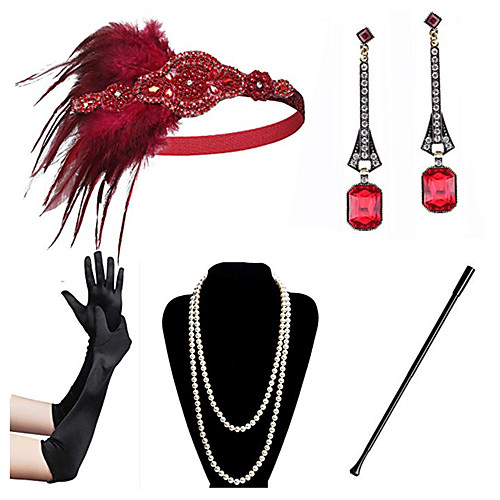 

Vintage 1920s The Great Gatsby Gloves Flapper Headband Women's Feather Costume Necklace Earrings Wine / Fuschia / Red Vintage Cosplay Festival