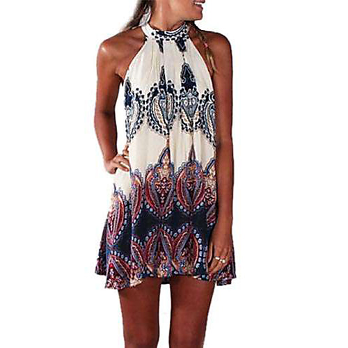 

Women's A Line Dress Short Mini Dress Blue Sleeveless Geometric Print Summer Halter Neck Boho Cotton Off Shoulder S M L XL XXL