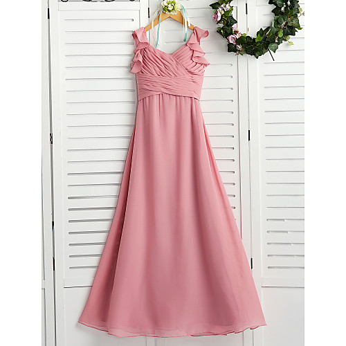 

A-Line Boat Neck Maxi Chiffon Junior Bridesmaid Dress with Cascading Ruffles / Ruching