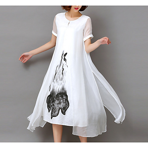 

Women's Plus Size Midi Dress White Chiffon - Short Sleeve Floral Print Summer Going out Loose White Black S M L XL XXL XXXL XXXXL XXXXXL