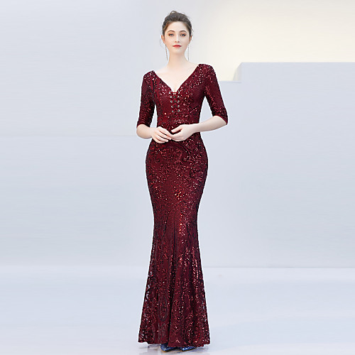 

Mermaid / Trumpet Elegant & Luxurious Elegant Formal Evening Dress V Neck Half Sleeve Floor Length Tulle Sequined with Sequin 2021