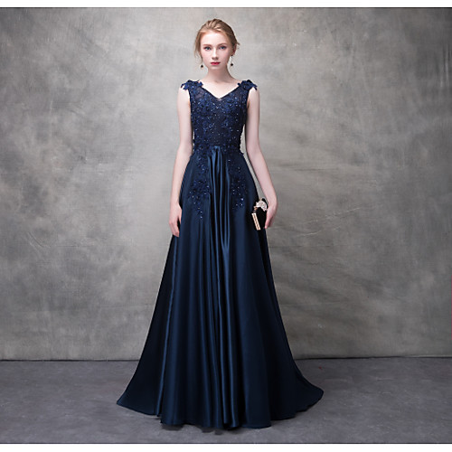 

A-Line Open Back Formal Evening Dress V Neck Sleeveless Sweep / Brush Train Polyester with Beading Appliques 2021