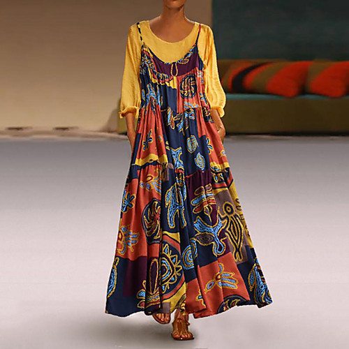 

Women's Plus Size Maxi Swing Dress - Long Sleeve Patchwork Loose Blue Red Yellow M L XL XXL XXXL XXXXL XXXXXL