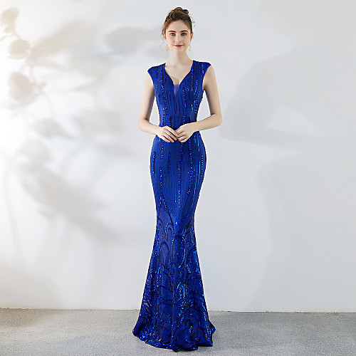 

Mermaid / Trumpet Elegant & Luxurious Elegant Formal Evening Dress V Neck Sleeveless Sweep / Brush Train Sequined with Sequin 2021