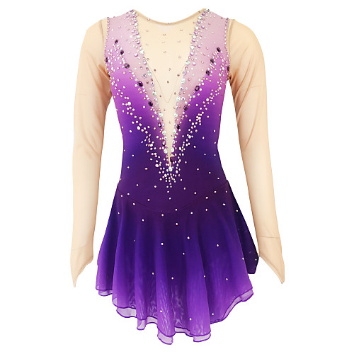 

21Grams Figure Skating Dress Women's Girls' Ice Skating Dress Violet Open Back Spandex Stretch Yarn High Elasticity Training Competition Skating Wear Handmade Solid Colored Classic Crystal