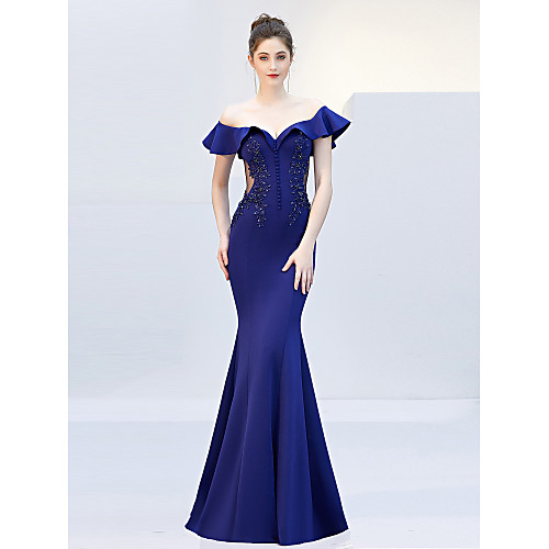 

Mermaid / Trumpet Elegant & Luxurious Elegant Formal Evening Dress Off Shoulder Short Sleeve Sweep / Brush Train Satin with Crystals Beading 2021