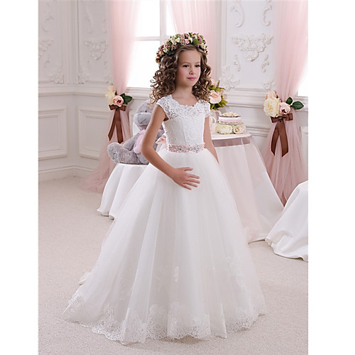 

Ball Gown Sweep / Brush Train Wedding / Birthday / First Communion Flower Girl Dresses - Cotton / Lace / Tulle Cap Sleeve Scalloped Neckline with Bow(s) / Beading / Appliques