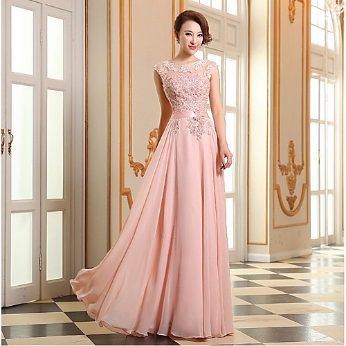 

A-Line Empire Pink Prom Formal Evening Dress Illusion Neck Sleeveless Floor Length Georgette Beaded Lace with Appliques 2020