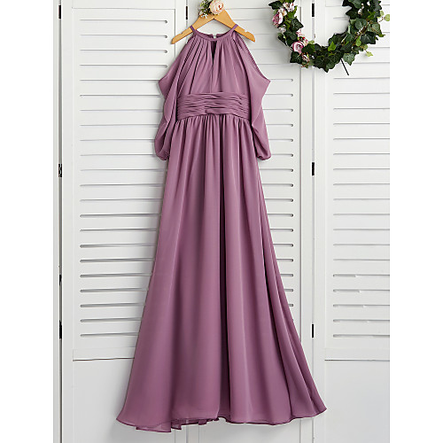 

A-Line Crew Neck Floor Length Chiffon Junior Bridesmaid Dress with Ruching / Wedding Party