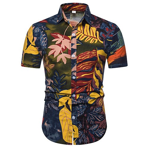 

Men's Color Block Graphic Slim Shirt - Linen Boho Tropical Daily Going out Navy Blue / Short Sleeve