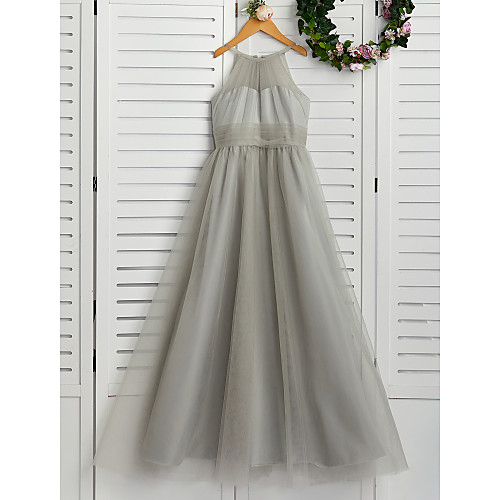 

A-Line Crew Neck Floor Length Tulle Junior Bridesmaid Dress with Ruching
