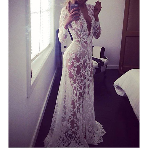 

Women's Maxi long Dress Long Sleeve Lace Spring Deep V Party Lace White S M L XL / Super Sexy / Cotton