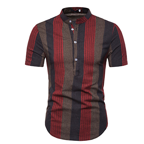 

Men's Striped Shirt - Cotton Daily Standing Collar Black / Red / Brown / Short Sleeve