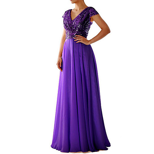 

Women's Maxi long Dress Swing Dress - Short Sleeve Sequins Deep V Cocktail Party Prom Black Purple Beige S M L XL XXL XXXL