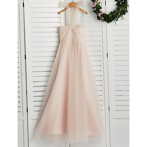 

A-Line Halter Neck Floor Length Tulle Junior Bridesmaid Dress with Ruching