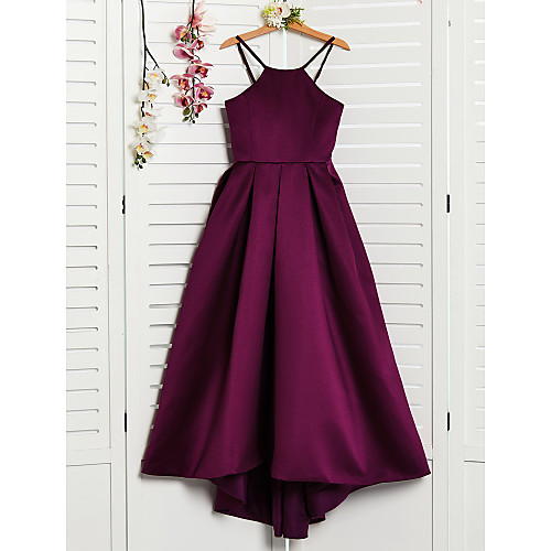 

A-Line Halter Neck Sweep / Brush Train / Asymmetrical / Floor Length Satin Junior Bridesmaid Dress with Pleats