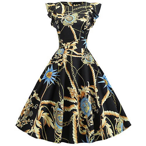 

Women's Swing Dress Knee Length Dress - Short Sleeve Color Block Ruffle Patchwork Print Vintage Belt Not Included Slim Gold S M L XL XXL
