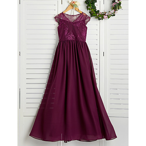 

A-Line V Neck Maxi Chiffon / Lace Junior Bridesmaid Dress with Appliques