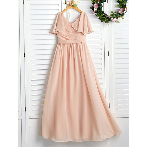 

A-Line Jewel Neck Maxi Chiffon Junior Bridesmaid Dress with Ruffles / Ruching / Wedding Party