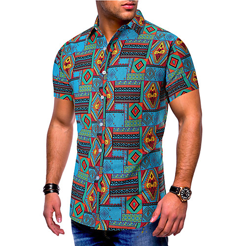 

Men's Color Block Tribal Print Shirt - Cotton Basic Causal Casual Blue / Short Sleeve