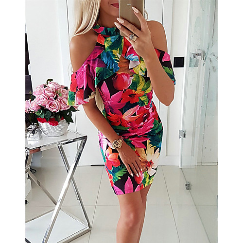 

Women's Bodycon Dress - Short Sleeve Floral Print Crew Neck Basic Street chic Slim Red S M L XL