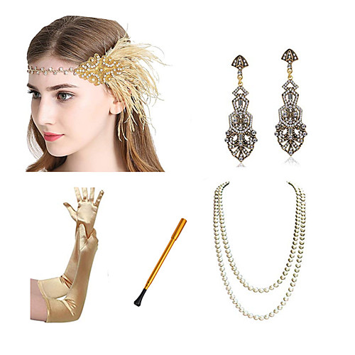 

Charleston Vintage 1920s The Great Gatsby Costume Accessory Sets Gloves Flapper Headband Women's Feather Costume Necklace Earrings Black / Golden / GoldenBlack Vintage Cosplay Festival