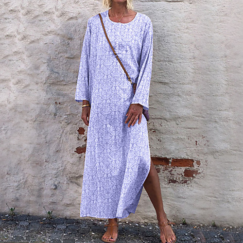 

Women's Shift Dress Maxi long Dress - Long Sleeve Print Split Spring Fall Casual Vintage Daily 2020 Purple Yellow Blushing Pink Gray S M L XL