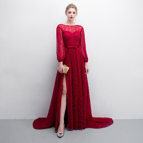 

A-Line Elegant & Luxurious Elegant Formal Evening Dress Boat Neck Long Sleeve Sweep / Brush Train Lace Tulle Stretch Satin with Sash / Ribbon Split Front 2021