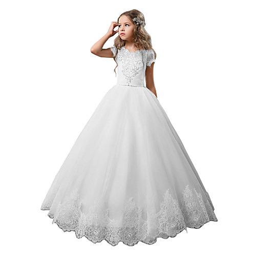 

Princess Floor Length Wedding / Birthday / First Communion Flower Girl Dresses - Cotton / nylon with a hint of stretch / Lace / Tulle Short Sleeve Jewel Neck with Lace / Crystals / Rhinestones