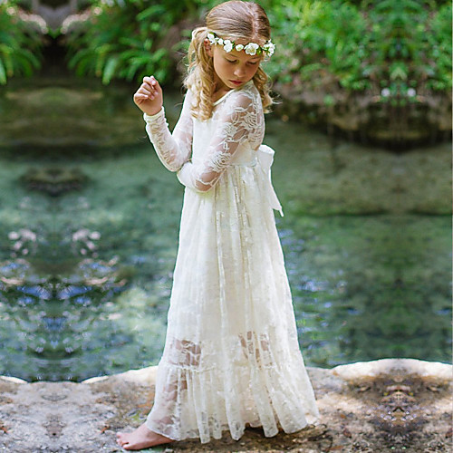 

Sheath / Column Long Length Engagement Party / Birthday / Pageant Flower Girl Dresses - Lace Long Sleeve Jewel Neck with Lace / Belt