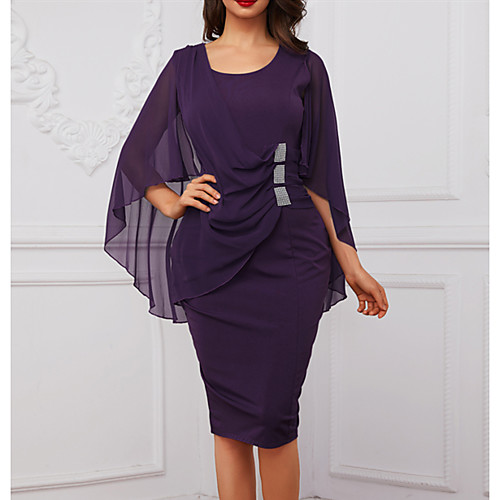 

Women's Bodycon Black Blue Purple Wine Short Sleeve Chiffon Ruffle Fashion Fall Winter Round Neck S M L XL XXL