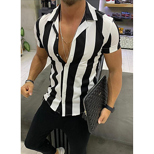 

Men's Striped Print Slim Shirt Basic Street chic Daily Casual Black / Yellow / Orange / Short Sleeve