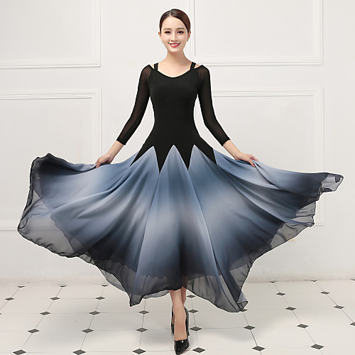 

Ballroom Dance Dress Split Joint Women's Training Performance 3/4 Length Sleeve Natural Crystal Cotton Imitation Silk