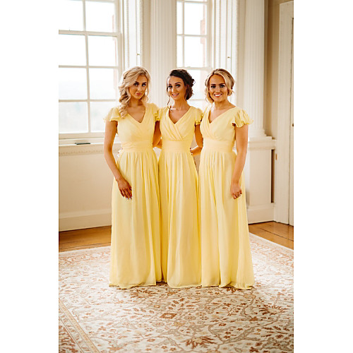 

A-Line V Neck Floor Length Chiffon Bridesmaid Dress with Cascading Ruffles / Ruching