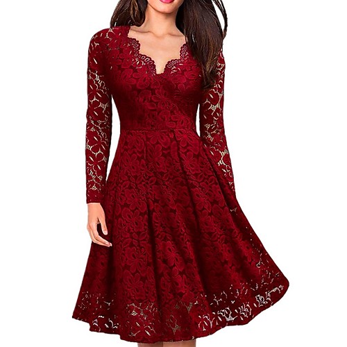 

Women's A Line Dress Black Wine Long Sleeve Lace Deep V S M L XL XXL