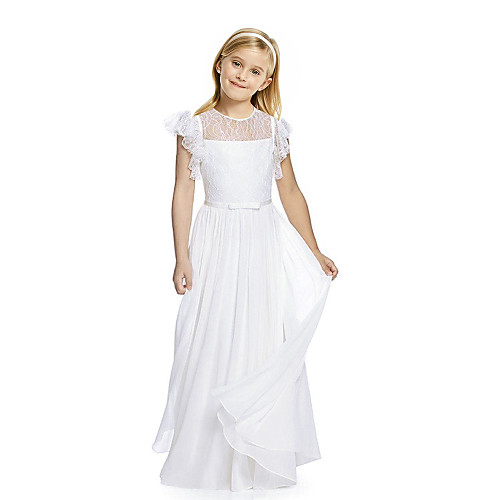 

Sheath / Column Long Length Party / Birthday / First Communion Flower Girl Dresses - Chiffon / Lace Short Sleeve Jewel Neck with Lace / Butterfly