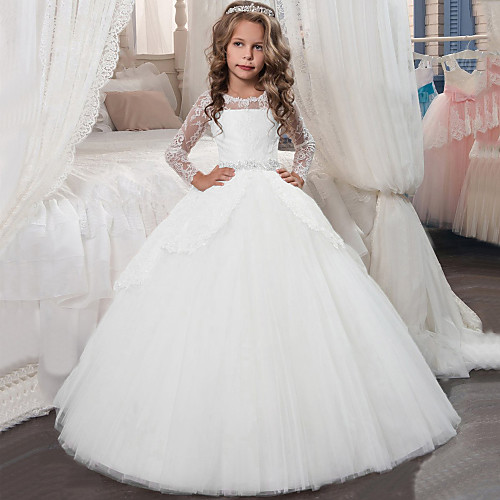 

Princess Floor Length Christmas / Birthday / First Communion Flower Girl Dresses - Chiffon / Lace / Tulle Long Sleeve Jewel Neck with Lace / Crystals / Rhinestones