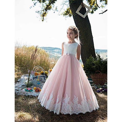 

Princess Floor Length Party / Birthday / Pageant Flower Girl Dresses - Tulle / Cotton Sleeveless Jewel Neck with Lace / Belt / Appliques