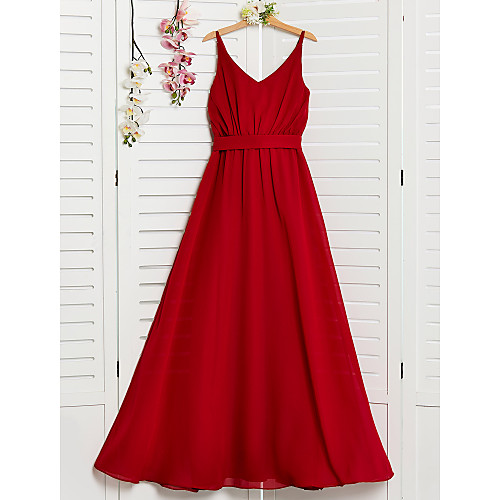 

A-Line Spaghetti Strap Floor Length Chiffon Junior Bridesmaid Dress with Sash / Ribbon / Ruching