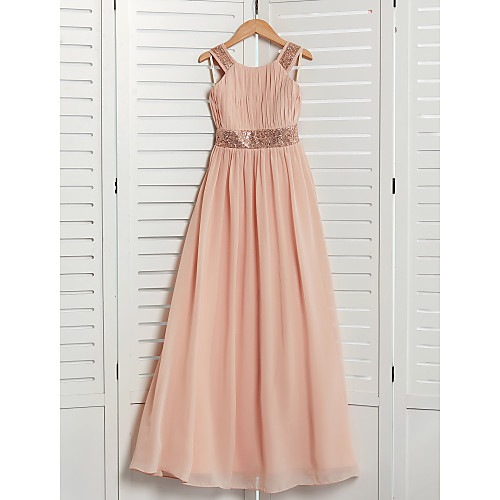 

A-Line Jewel Neck Maxi Chiffon Junior Bridesmaid Dress with Lace / Sash / Ribbon