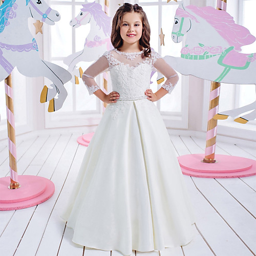 

Princess Floor Length Wedding / Birthday / First Communion Flower Girl Dresses - Cotton / nylon with a hint of stretch / Lace / Mikado 3/4 Length Sleeve Jewel Neck with Lace / Appliques