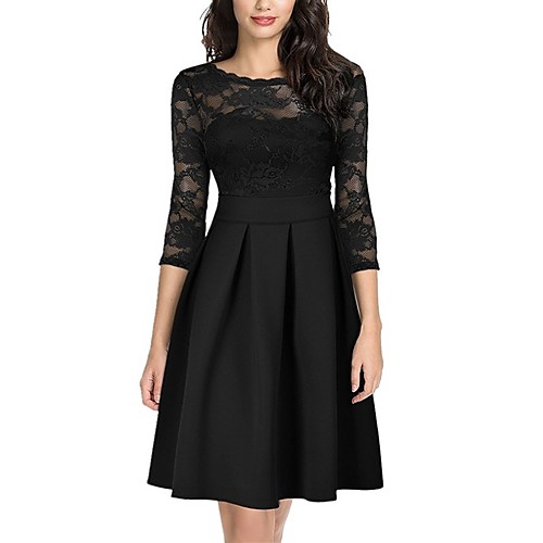 

Women's Skater Dress - 3/4 Length Sleeve Solid Colored Lace Patchwork Spring & Summer Elegant Cocktail Party Going out Belt Not Included 2020 Black Green S M L XL XXL