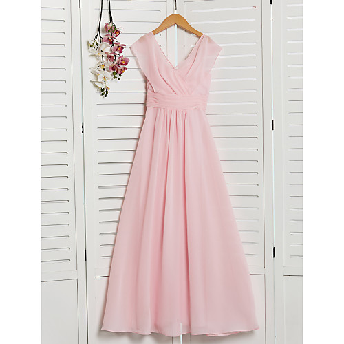 

A-Line V Neck Floor Length Chiffon Junior Bridesmaid Dress with Ruffles / Ruching / Wedding Party