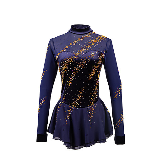 

21Grams Figure Skating Dress Women's Girls' Ice Skating Dress Dark Blue Open Back Spandex Stretch Yarn High Elasticity Training Competition Skating Wear Handmade Solid Colored Classic Crystal