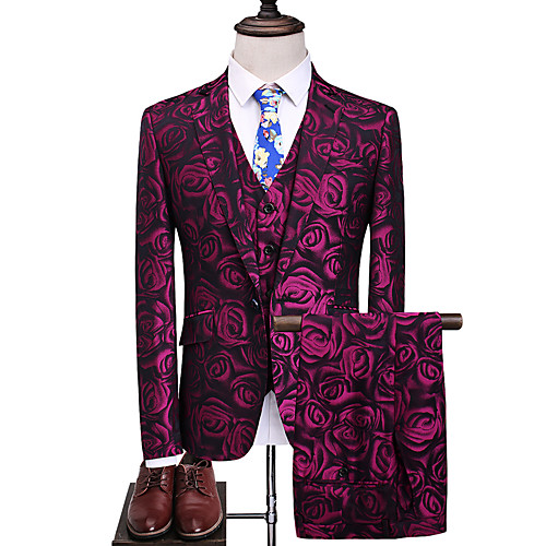 

Fuchsia Patterned Slim Fit Polyester Suit - Notch Single Breasted One-button / Suits
