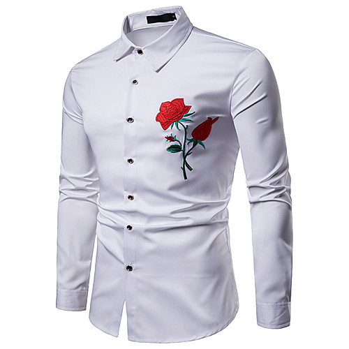 

Men's Color Block Tribal Embroidered Shirt - Cotton Elegant Vintage Evening Party Date Vacation Standing Collar White / Black / Navy Blue / Long Sleeve